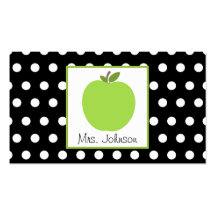 Teacher Green Apple Black With White Polka Dots Business Card Templates