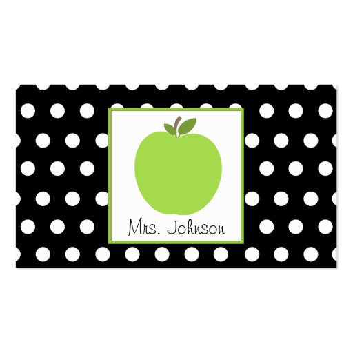 Teacher Green Apple Black With White Polka Dots Business Card Templates (front side)