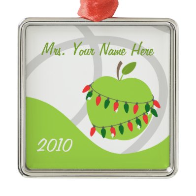 Teacher Ornament - Green Apple & Christmas Lights