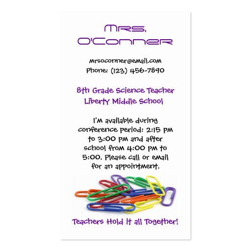 Teachers Hold it Together Paperclips Info Business Card Template (front side)