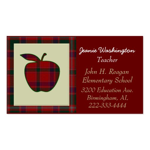 Teacher's Red Plaid Apple Business Card (front side)