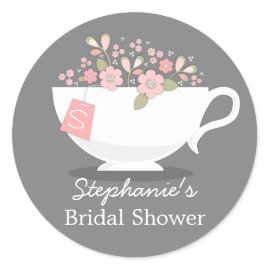 Teacup Pink Floral Monogram Bridal Shower Sticker