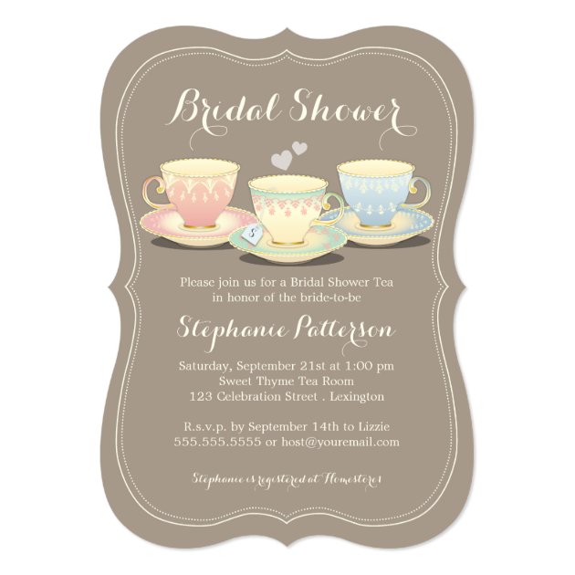 Teacup Trio Chic Bridal Shower Tea Party 5x7 Paper Invitation Card (front side)