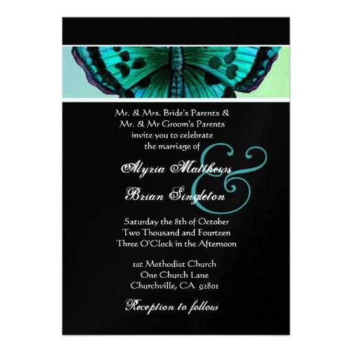 Teal and Aqua Vintage Butterfly Wedding Metallic Personalized Invite
