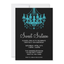 Teal and Black Chandelier Sweet Sixteen Birthday Personalized Announcements