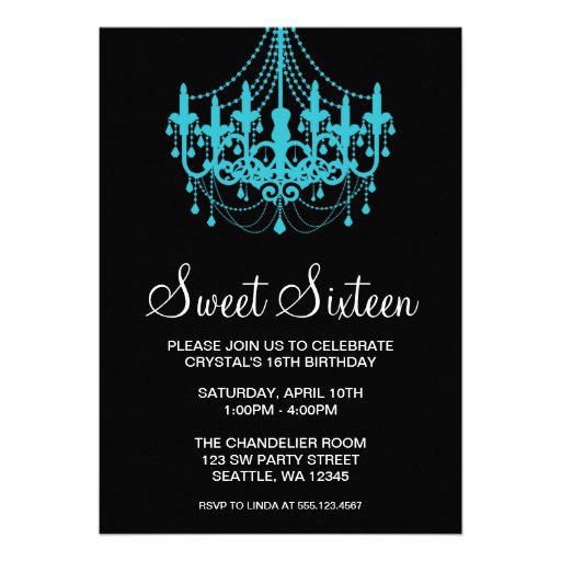 Teal and Black Chandelier Sweet Sixteen Birthday Personalized Announcements