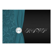 Teal and Black Damask Monogrammed RSVP Card Custom Announcements