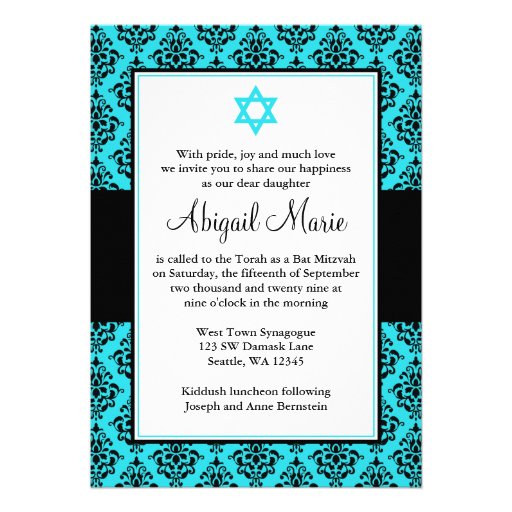 Teal and Black Damask Star of David Bat Mitzvah Personalized Announcements