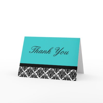 Teal and black damask thank you card