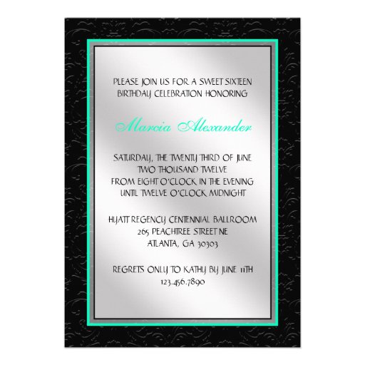 Teal and Black Floral Damask Diamond Heart Personalized Invites