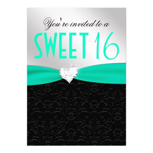 Teal and Black Floral Damask Diamond Heart Personalized Invites