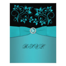 Teal and Black Floral Jewelled RSVP Card Custom Invite