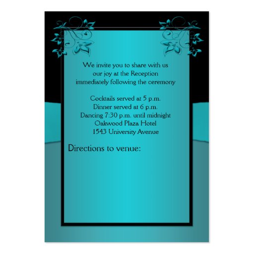 Teal and Black Floral Reception Card Business Card Template (back side)