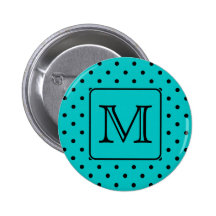 Teal and Black Polka Dot Pattern. Custom Monogram. Buttons