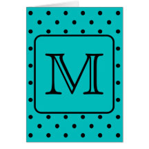 Teal and Black Polka Dot Pattern. Custom Monogram. Card