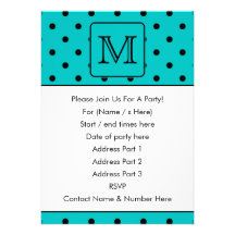 Teal and Black Polka Dot Pattern. Custom Monogram. Personalized Invitation