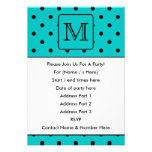 Teal and Black Polka Dot Pattern. Custom Monogram. Personalized Invitation