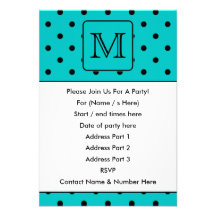 Teal and Black Polka Dot Pattern. Custom Monogram. Personalized Invitation