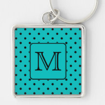 Teal and Black Polka Dot Pattern. Custom Monogram. Keychain