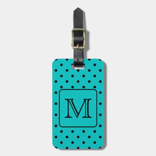 Teal and Black Polka Dot Pattern. Custom Monogram. Tag For Luggage