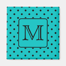 Teal and Black Polka Dot Pattern. Custom Monogram. Fridge Magnet