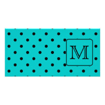 Teal and Black Polka Dot Pattern. Custom Monogram. Photo Card