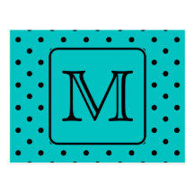Teal and Black Polka Dot Pattern. Custom Monogram. Post Cards