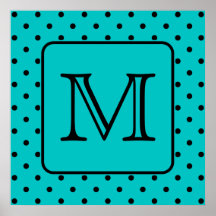 Teal and Black Polka Dot Pattern. Custom Monogram. Posters