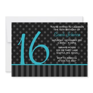 Teal and Black Polka Dot Stripes Sweet 16 Birthday invitation