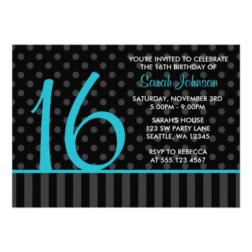 Teal and Black Polka Dot Stripes Sweet 16 Birthday Announcements (front side)