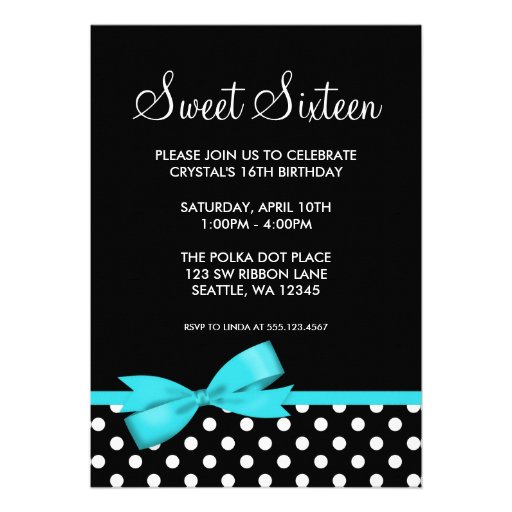 Teal and Black Polka Dots Bow Sweet 16 Birthday Custom Invite