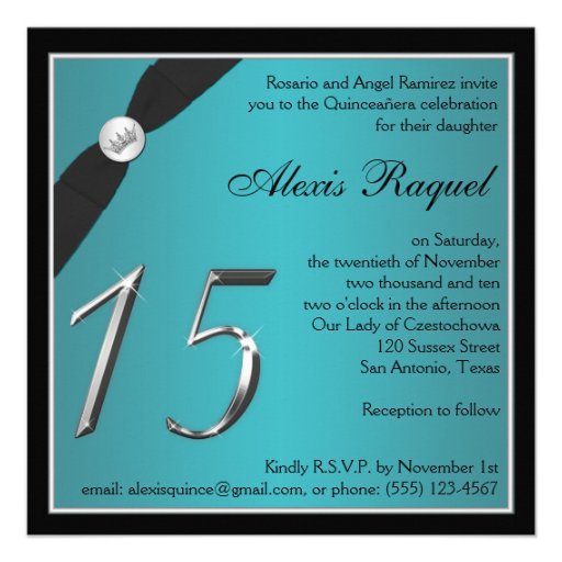 Teal and Black Quinceanera Invitation (front side)