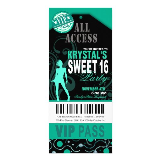 Teal and Black VIP Sweet 16 Ticket Party Personalized Announcement