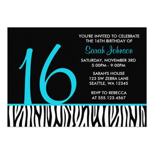 Teal and Black Zebra Sweet 16 Number Birthday Personalized Invite