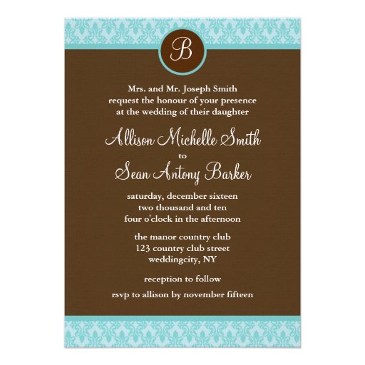 Teal and Brown Damask Pattern Wedding Invitations