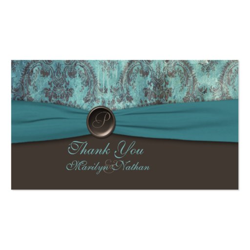 Teal and Brown Damask Wedding Favor Tag Business Card (front side)