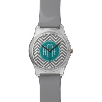 Teal and Charcoal Chevrons with Custom Monogram Wristwatches at  Zazzle