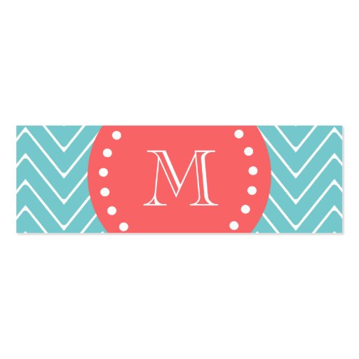 Teal and Coral Chevron with Custom Monogram Business Card Template (front side)