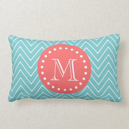 Teal and Coral Chevron with Custom Monogram Pillows Zazzle