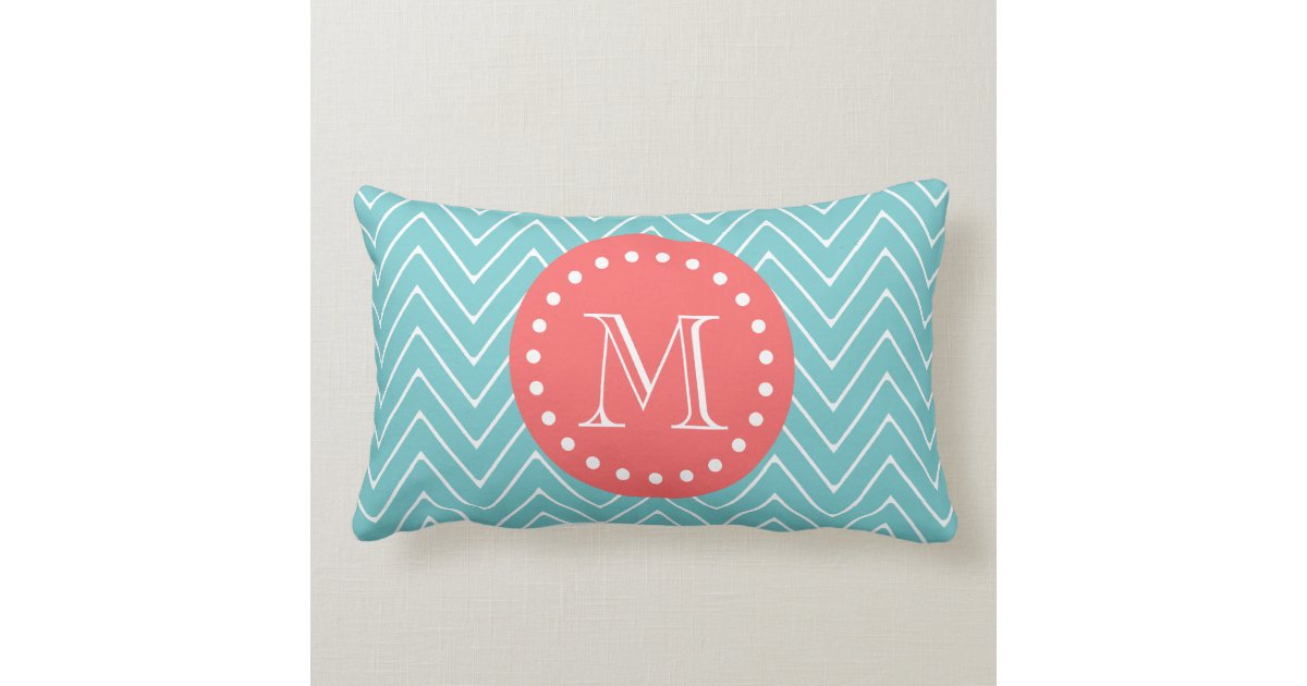 Teal and Coral Chevron with Custom Monogram Pillows Zazzle