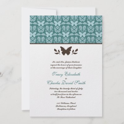 Teal and Dark Brown Butterfly Wedding Invitations by OccasionInvitations