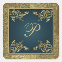 Teal and Gold Floral Monogram Wedding Sticker 2 stickers