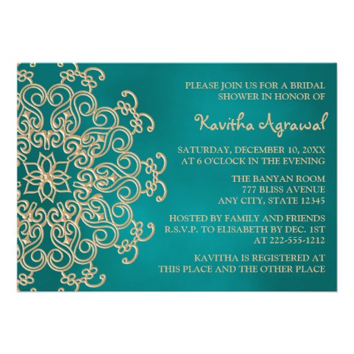 Teal and Gold Indian Inspired Bridal Shower Custom Announcements