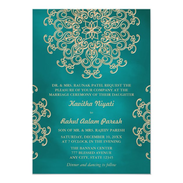TEAL AND GOLD INDIAN STYLE WEDDING INVITATION (front side)