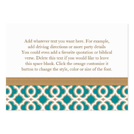Teal and Gold Moroccan Reception Enclosure Card Business Card Templates (back side)