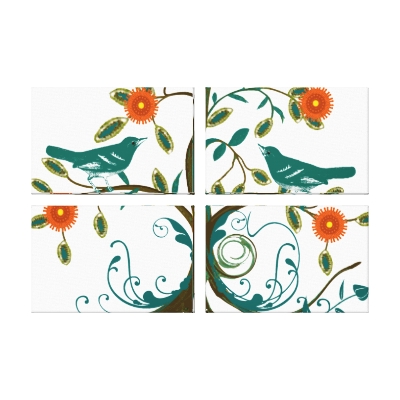 Beautiful Cherry Blossom Vintage Teal and Orange Love Birds Canvas Print