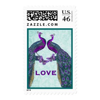 Teal and Purple Wedding LOVE Peacock Stamp