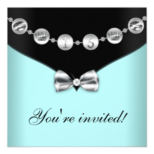 Teal and Silver Bowed Charm Sweet Sixteen Invite