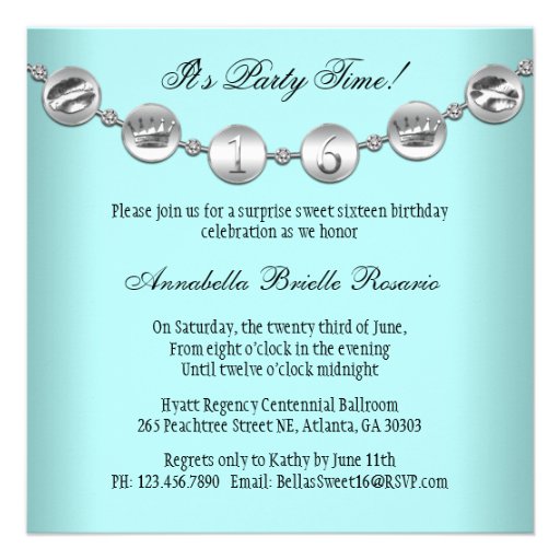 Teal and Silver Bowed Charm Sweet Sixteen Invite