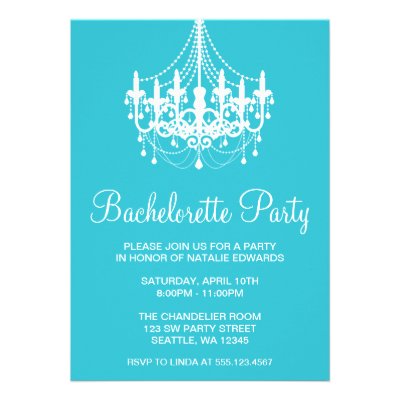 Teal and White Chandelier Bachelorette Party Custom Invitations